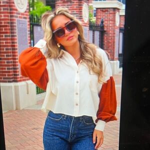 Colorblock Button-Down Shirt with Rust Balloon Sleeves - Cream